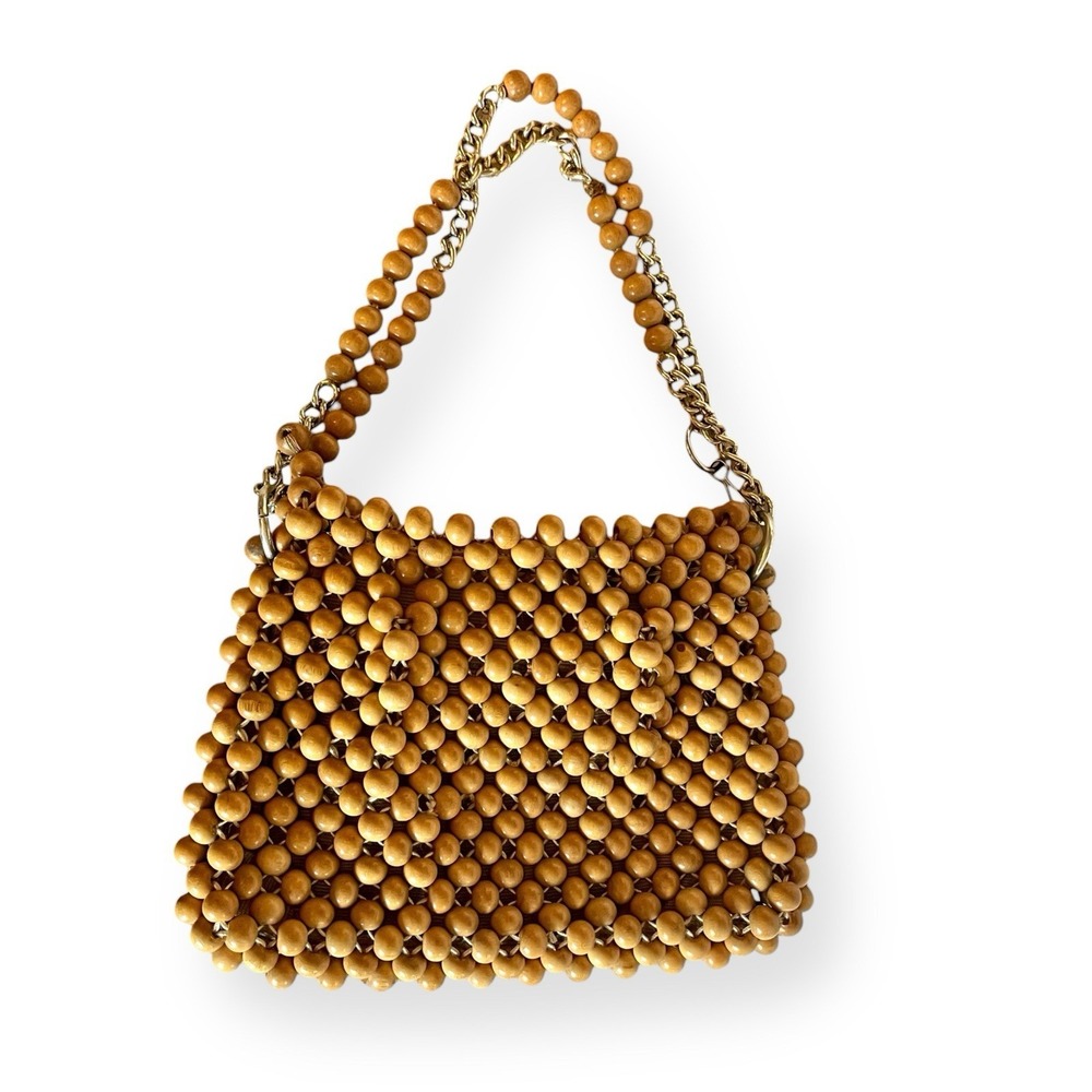 Vintage Debbie‎ John Wind Shoulder Bag Beaded Clutch Japan Gold Chain Ball Wood